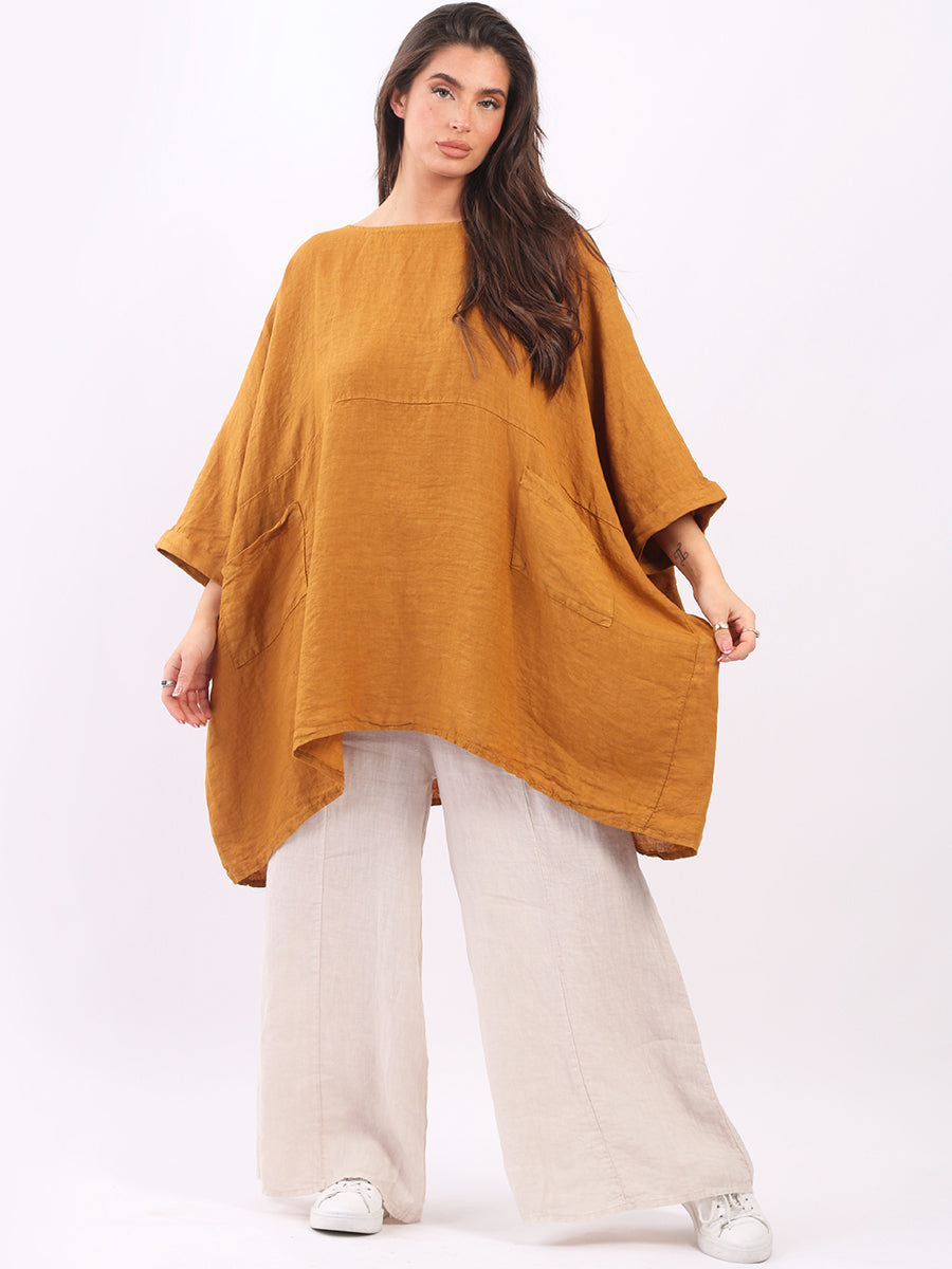 Ladies Plain Plus Size Linen Batwing Slouchy Top