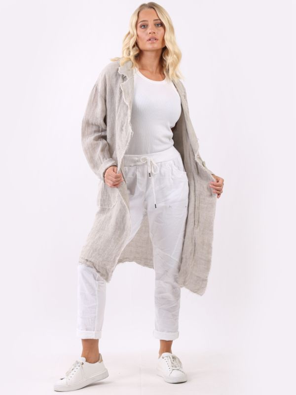 Plain Open Front Raw Edges Knee Length Linen Jacket