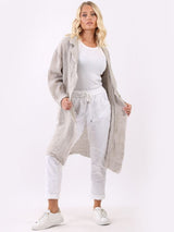 Plain Open Front Raw Edges Knee Length Linen Jacket