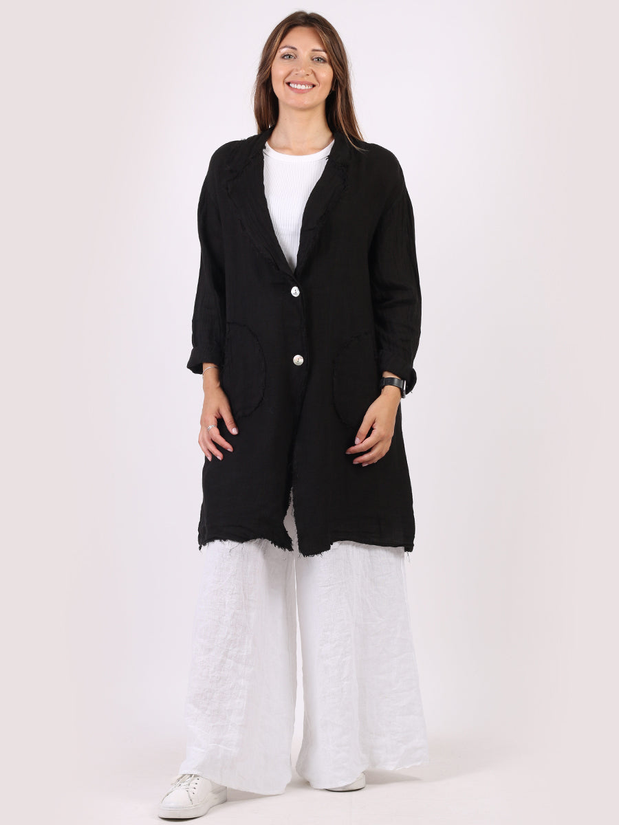 Plain Open Front Raw Edges Knee Length Linen Jacket