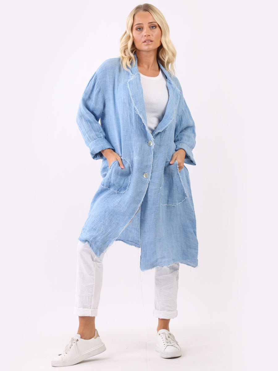 Plain Open Front Raw Edges Knee Length Linen Jacket