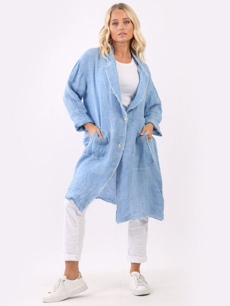 Plain Open Front Raw Edges Knee Length Linen Jacket