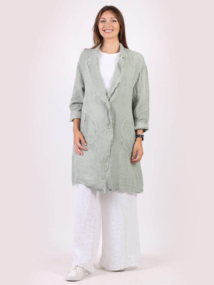 Plain Open Front Raw Edges Knee Length Linen Jacket