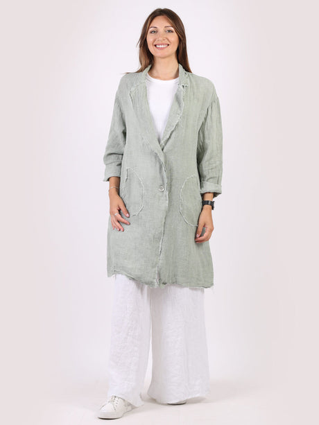 Plain Open Front Raw Edges Knee Length Linen Jacket