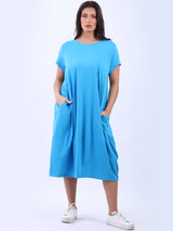 Side Pockets Plain Cotton Lagenlook Midi Dress