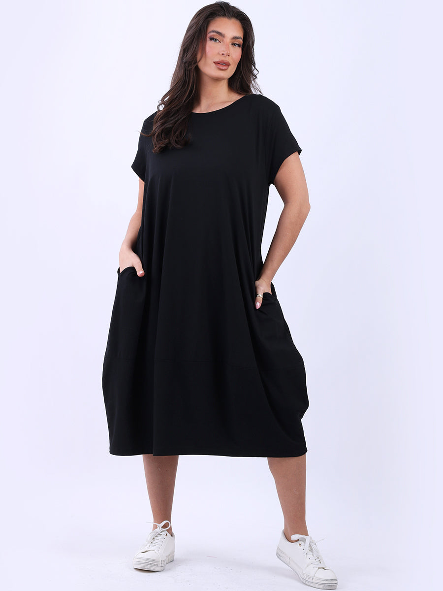 Side Pockets Plain Cotton Lagenlook Midi Dress