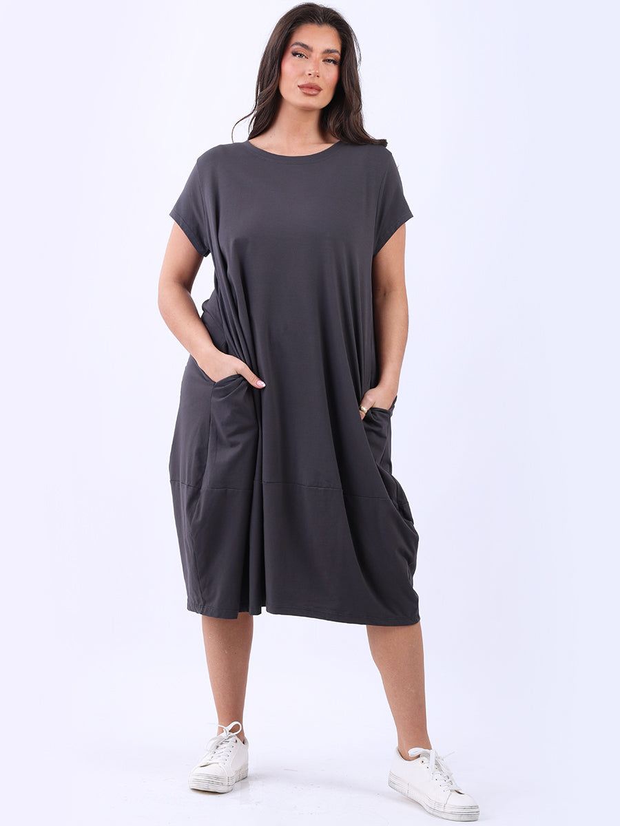 Side Pockets Plain Cotton Lagenlook Midi Dress