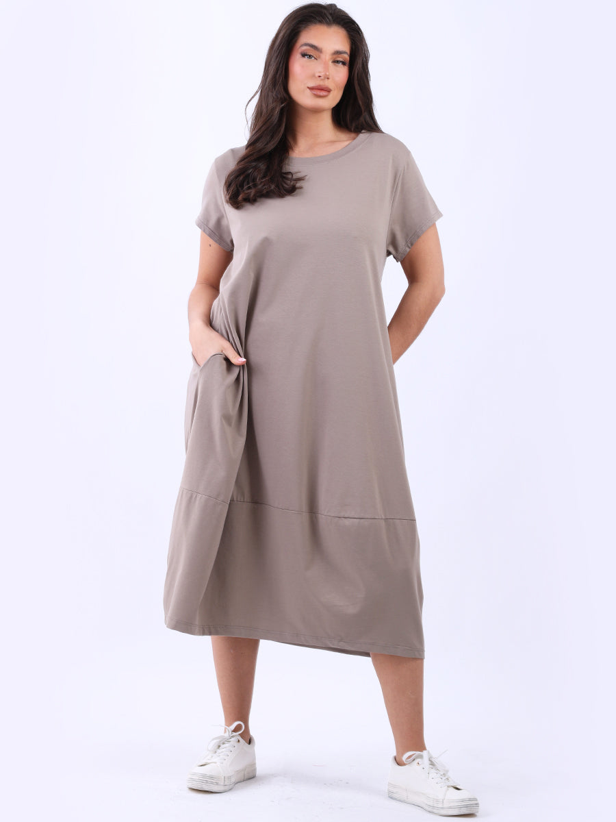 Side Pockets Plain Cotton Lagenlook Midi Dress