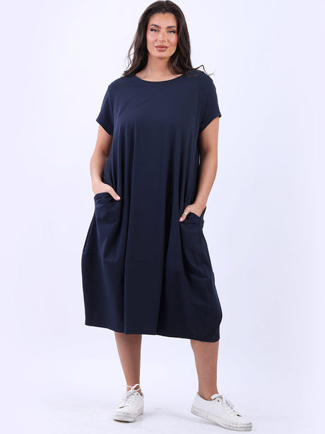 Side Pockets Plain Cotton Lagenlook Midi Dress