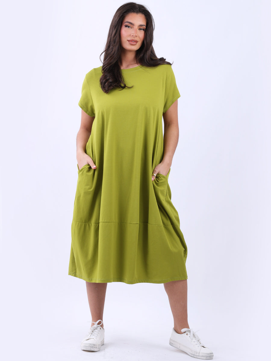 Side Pockets Plain Cotton Lagenlook Midi Dress