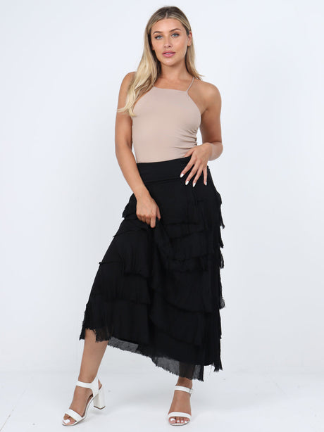 Plain Silk Ruffle Tiered Summer Skirt