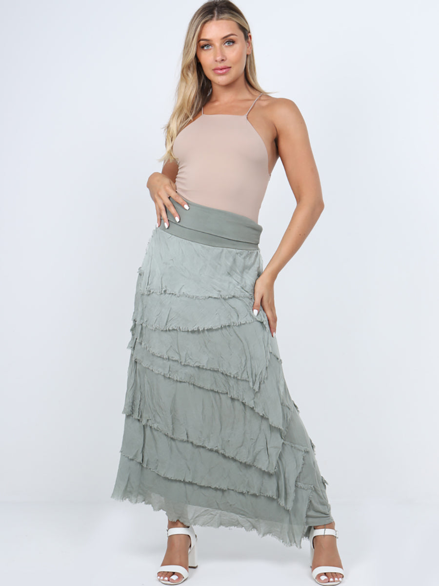 Plain Silk Ruffle Tiered Summer Skirt