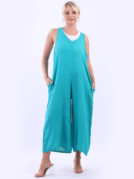 Ladies Plain Sleeveless Linen Wide Leg Dungaree