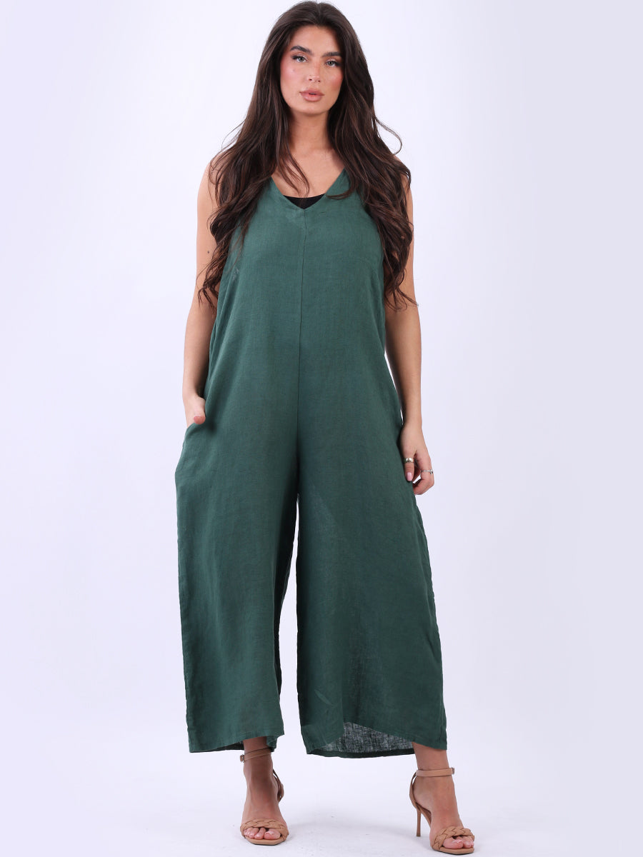 Ladies Plain Sleeveless Linen Wide Leg Dungaree