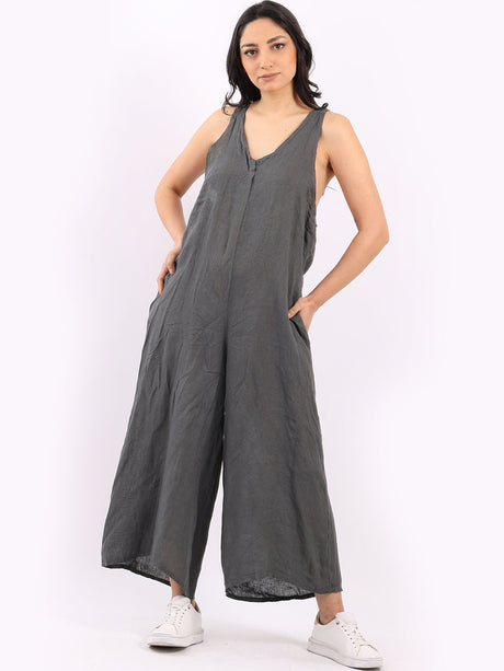 Sleeveless Linen Wide Leg Dungaree