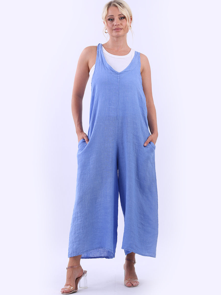 Ladies Plain Sleeveless Linen Wide Leg Dungaree