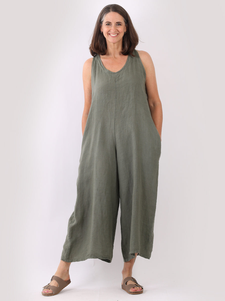 Ladies Plain Sleeveless Linen Wide Leg Dungaree