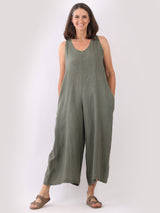 Ladies Plain Sleeveless Linen Wide Leg Dungaree