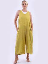 Ladies Plain Sleeveless Linen Wide Leg Dungaree