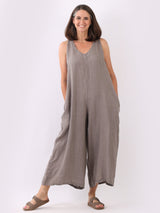 Ladies Plain Sleeveless Linen Wide Leg Dungaree