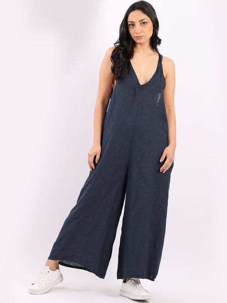 Sleeveless Linen Wide Leg Dungaree