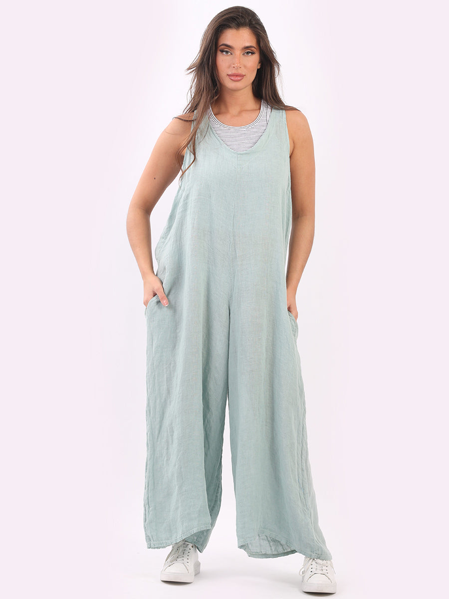 Ladies Plain Sleeveless Linen Wide Leg Dungaree