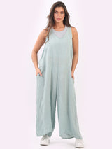 Ladies Plain Sleeveless Linen Wide Leg Dungaree