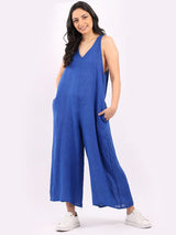 Ladies Plain Sleeveless Linen Wide Leg Dungaree