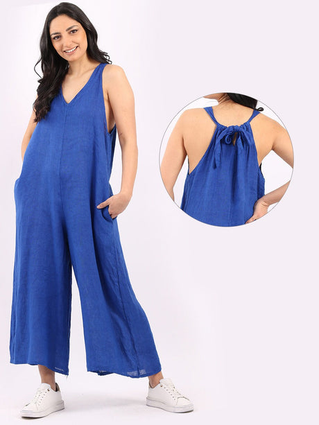 Ladies Plain Sleeveless Linen Wide Leg Dungaree