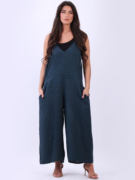 Ladies Plain Sleeveless Linen Wide Leg Dungaree