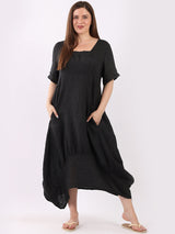 Plain Linen Ribbed Balloon Hem Maxi Dress