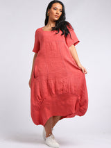 Plain Linen Ribbed Balloon Hem Maxi Dress