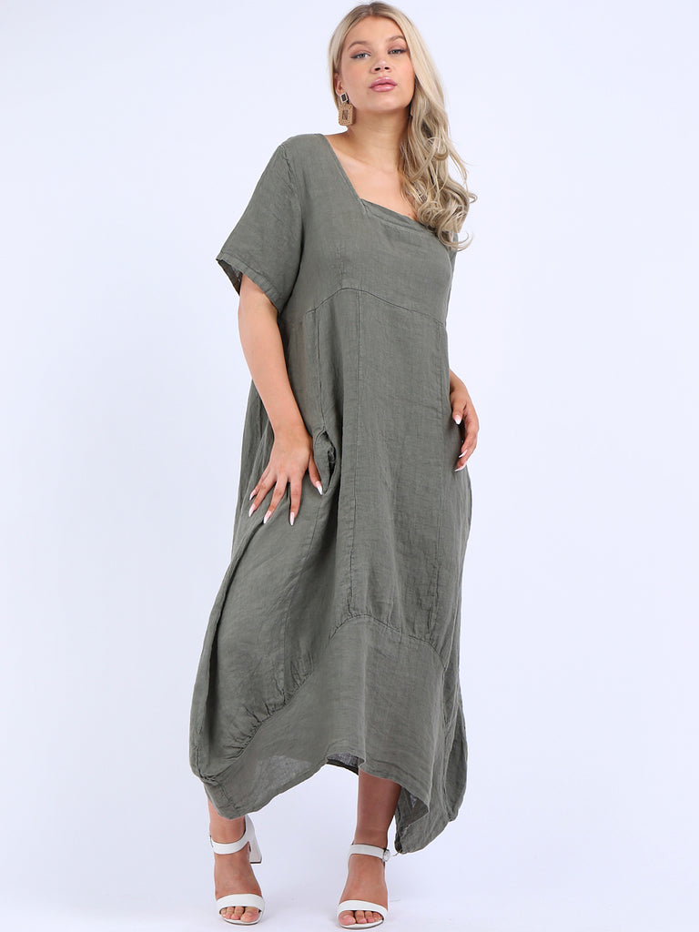 Italian Plain Square Neck Quirky Balloon Hem Linen Tunic Dress-Denim