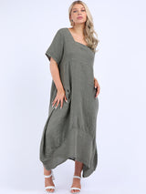 Plain Linen Ribbed Balloon Hem Maxi Dress