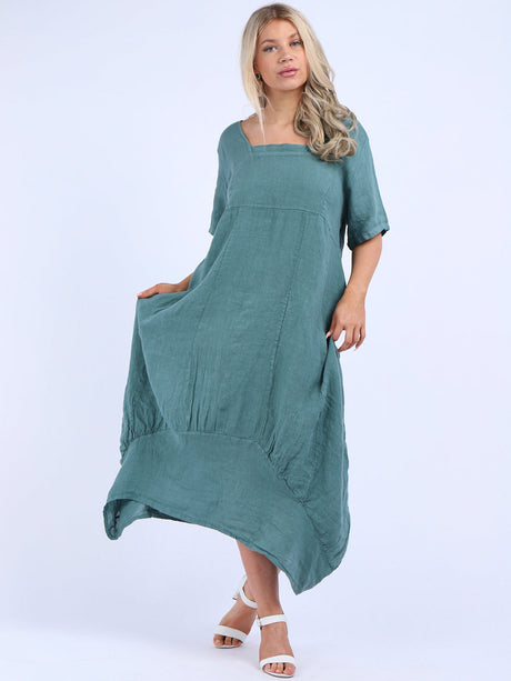 Plain Linen Ribbed Balloon Hem Maxi Dress