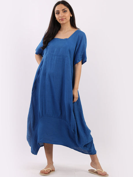 Plain Linen Ribbed Balloon Hem Maxi Dress