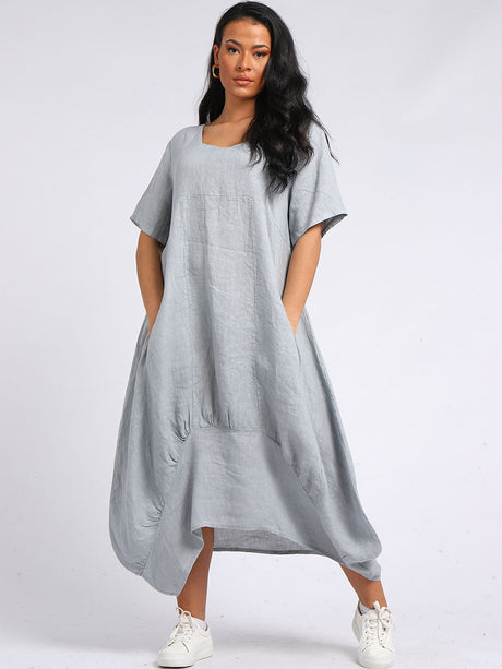 Plain Linen Ribbed Balloon Hem Maxi Dress