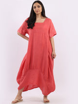 Plain Linen Ribbed Balloon Hem Maxi Dress