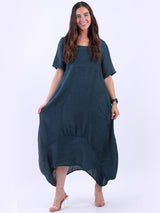 Plain Linen Ribbed Balloon Hem Maxi Dress