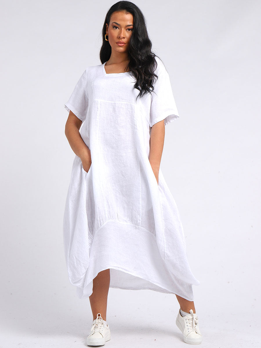 Plain Linen Ribbed Balloon Hem Maxi Dress