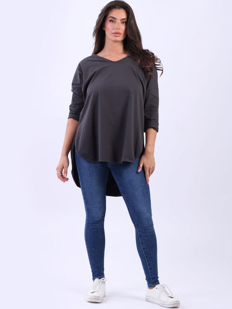 Women Plain Casual V-Neck High Low Top