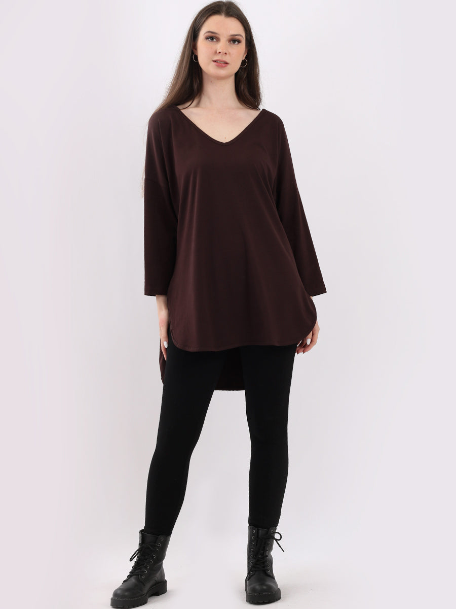 Women Plain Casual V-Neck High Low Top