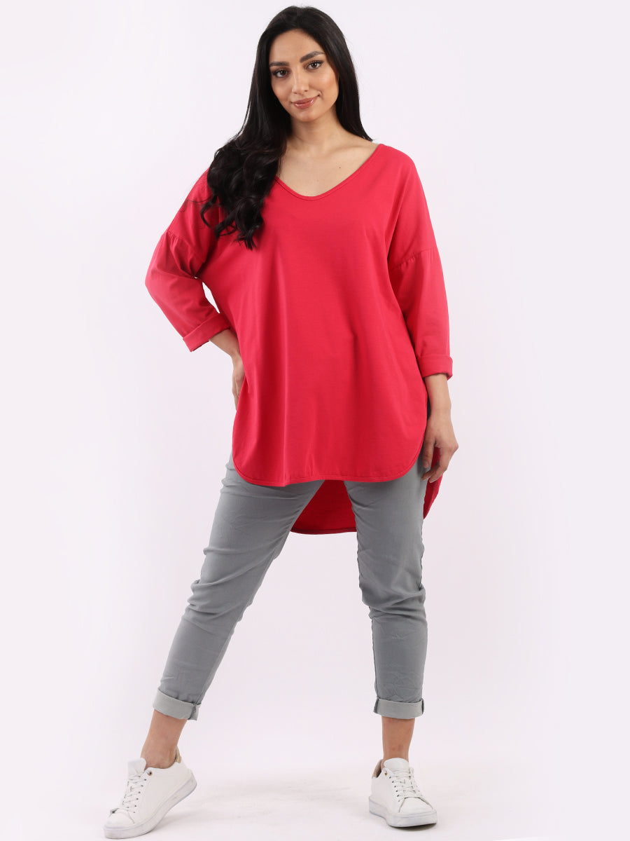 Women Plain Casual V-Neck High Low Top