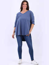 Women Plain Casual V-Neck High Low Top