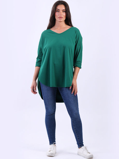 Women Plain Casual V-Neck High Low Top