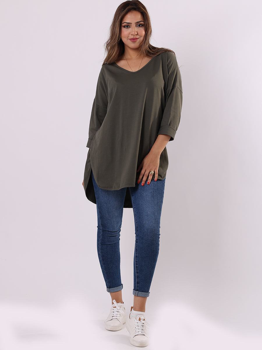 Women Plain Casual V-Neck High Low Top