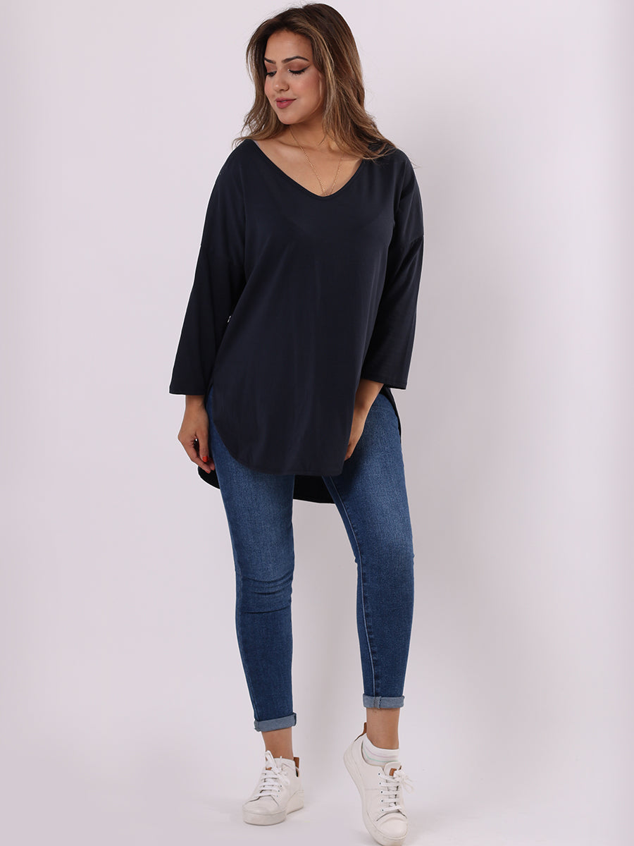 Women Plain Casual V-Neck High Low Top