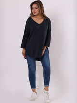 Women Plain Casual V-Neck High Low Top