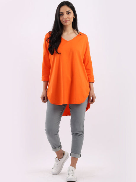 Women Plain Casual V-Neck High Low Top