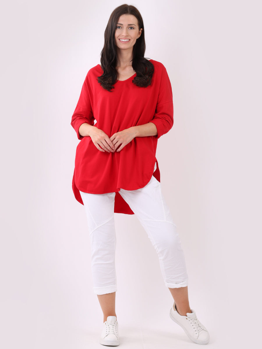 Women Plain Casual V-Neck High Low Top